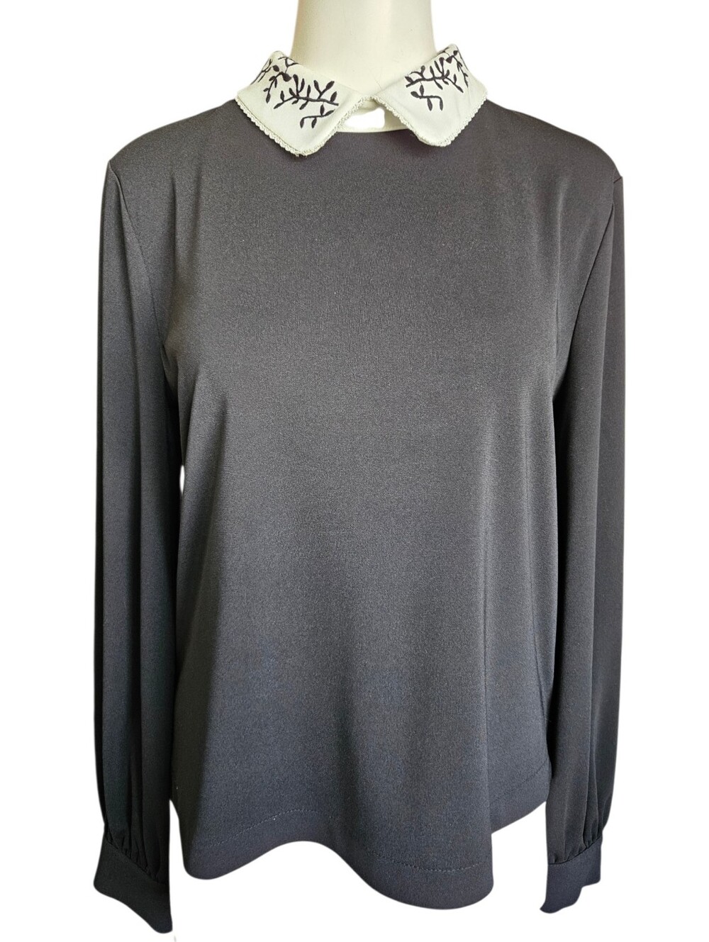 Karl Lagerfeld Paris Embroidered Collar Black Blouse L/S Minimalist Whimsygoth